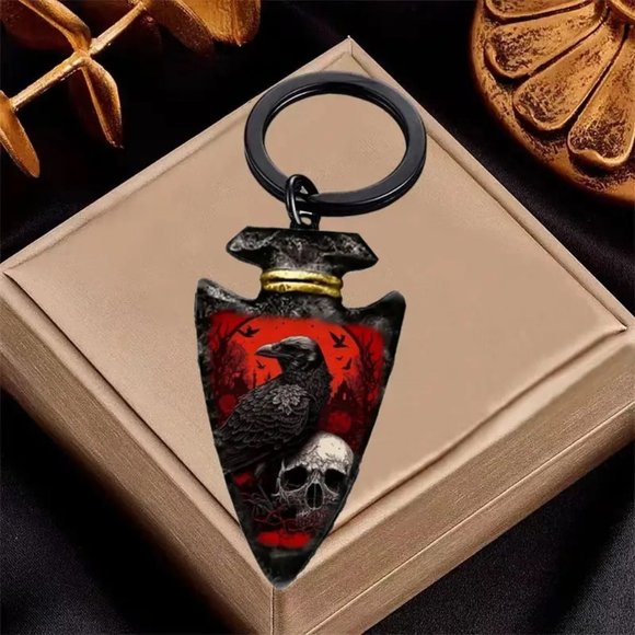 Keychain Black Raven & Skull Viking indian arrowhead Gothic Wiccan emo vamp Punk - Picture 2 of 3